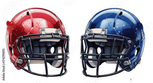 Two american football helmets facing each other isolated on transparent background
