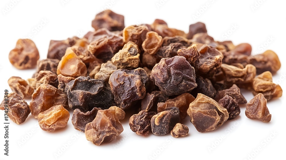 Obraz premium Heap of Dark Brown Dried Dates Fruit Pieces Isolated on White Background