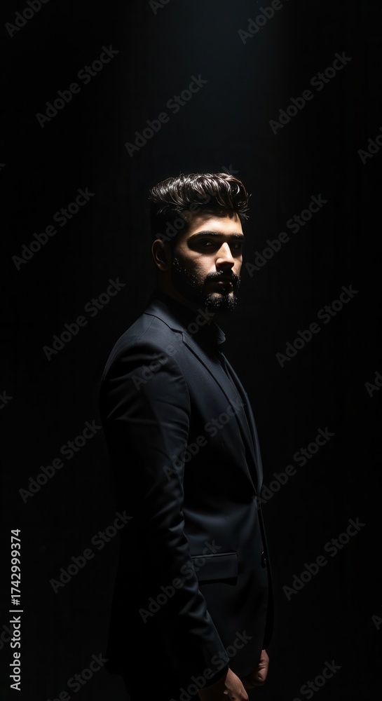 Obraz premium A striking portrait showcases a man in a dark suit, illuminated dramatically from above against a stark black backdrop, creating an atmosphere of mystery and sophistication while highlighting the...