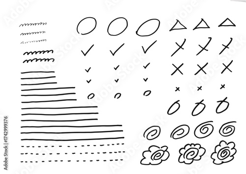 手書きのマーカー線と丸バツ記号セット