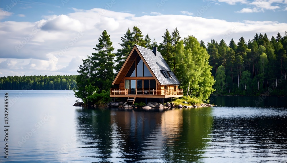 Fototapeta premium Cozy AFrame Cabin on a Serene Island in the Middle of a Lake.