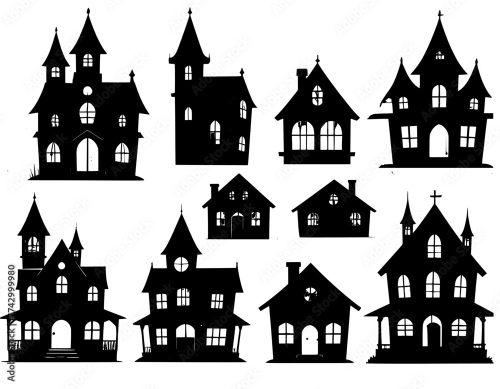 Obraz premium vector illustration of old houses Halloween silhouette
