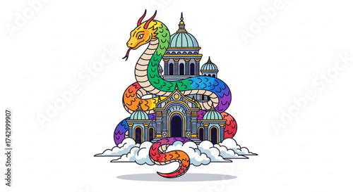 Illustration of a rainbow snake coiling around a building with domes on a cloud background design