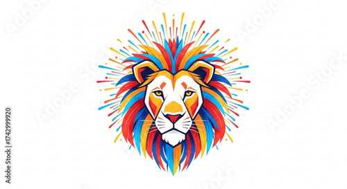 Colorful lion head with a vibrant mane and radiating burst design on a white background illustration