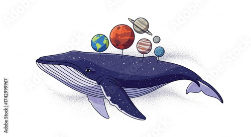 Illustration of a whale with a starry pattern and planets on its back, floating in a cosmic scene view