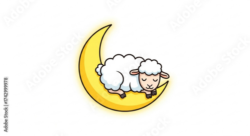 A fluffy white sheep sleeping peacefully on a bright yellow crescent moon in a cartoon style illustration