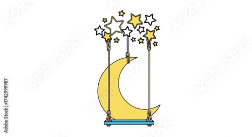 Illustration of a crescent moon on a swing suspended by ropes with stars above it on a white background