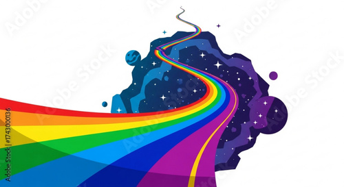 A winding rainbow road leading through a starry galaxy with planets and cosmic dust illustration