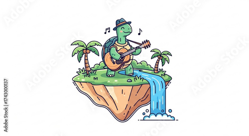 A cartoon turtle wearing a hat plays a guitar on a floating island with palm trees and a waterfall scene
