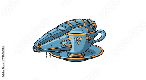 Illustration of a blue spaceship design integrated with a teacup and saucer on a white background