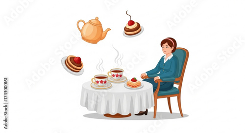 A woman seated at a table enjoying tea with a teapot and cake desserts floating around the table scene