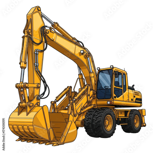 Yellow excavator isolated on transparent background, heavy construction machinery