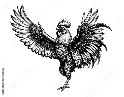 Vector hand drawn black and white rooster 