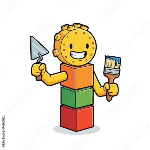 A cheerful cartoon block mascot holding a construction trowel and a paintbrush for renovation.