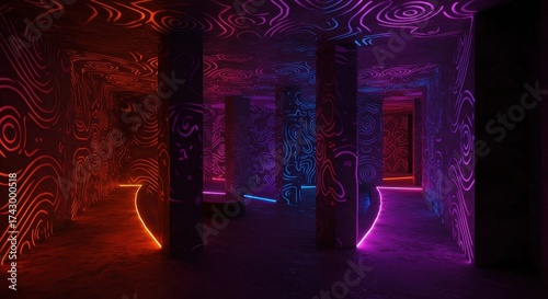 Immersive interior scene illuminated by vibrant neon lights, creating a captivating and futuristic environment with glowing pathways along the floor, intricate wall patterns, and a mesmerizing...