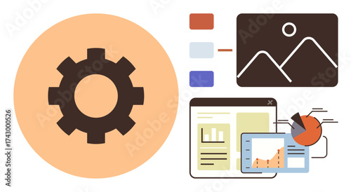 Gear symbol represents settings, paired with data charts, graphs, and document icons. Ideal for analysis, project management, technology, marketing, workflow planning content creation