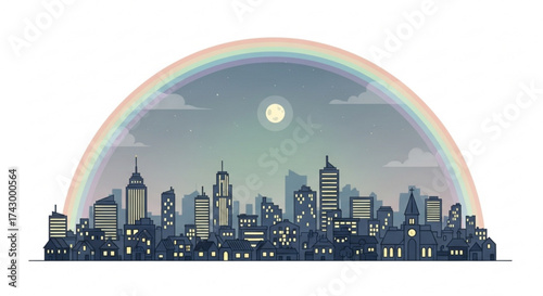 Cityscape silhouette at night with rainbow arching over buildings and houses under moonlit sky scene view