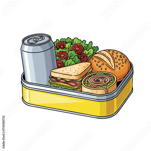 A colorful cartoon illustration of a packed lunch in a yellow box with a sandwich roll salad and soda can.