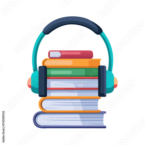 Headphones Resting on a Stack of Colorful Digital Books