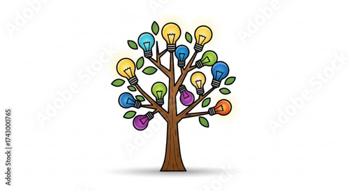 Illustration of a tree with brown trunk and branches bearing colorful light bulbs and green leaves design