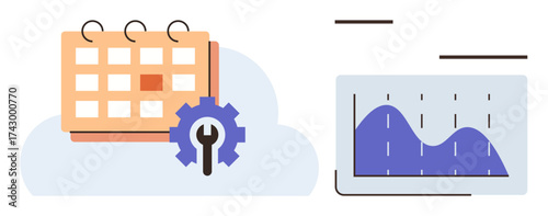 Calendar with gear symbol beside blue graph chart conveys management, planning, and data analysis. Ideal for productivity, time management, project planning, efficiency, goal achievement, performance