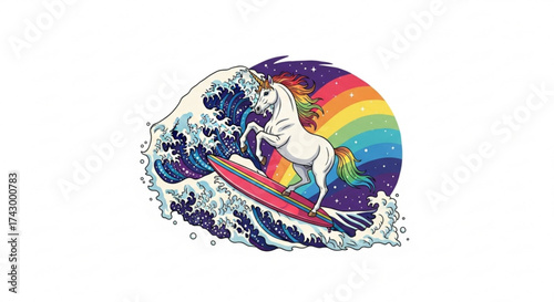 A majestic unicorn surfing on a vibrant wave with a rainbow and starry background creating a whimsical scene