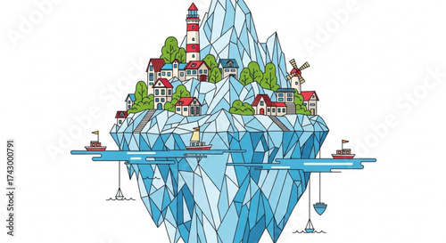 Illustration of a floating island with a lighthouse houses windmill and boats on water against a white background