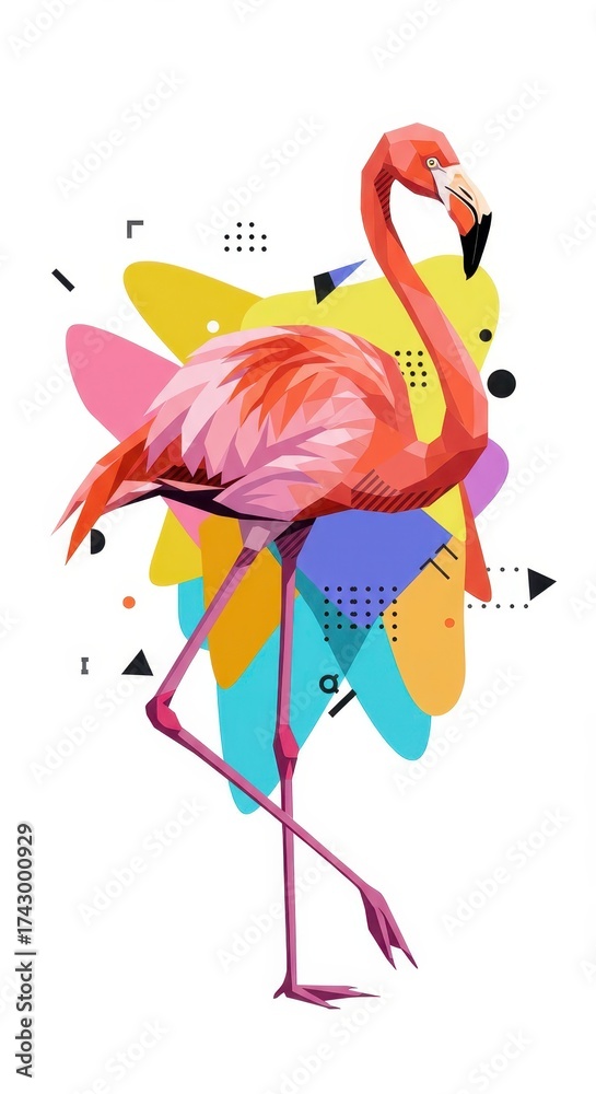 Obraz premium Colorful illustration features a flamingo standing with a single leg raised, showcasing vibrant pink and orange tones in its plumage against a backdrop of abstract geometric shapes in varying shades