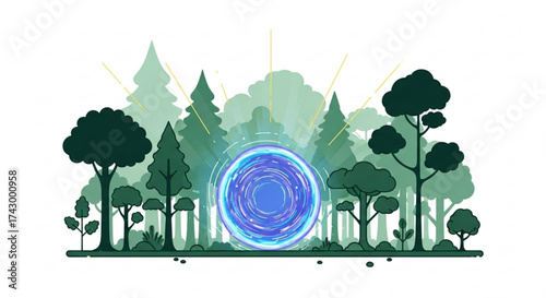 A forest scene featuring a glowing blue portal surrounded by trees and foliage in a cartoon style