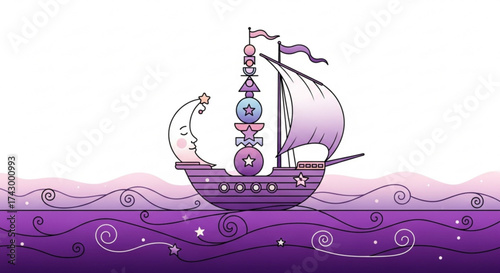A whimsical purple ship with a crescent moon figurehead sailing on swirling purple waves with stars around