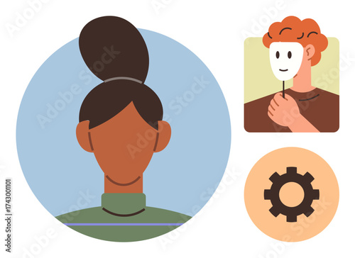 Portrait of a woman, person holding a mask, and gear icon for adjustment. Ideal for identity, emotions, self-improvement, diversity, psychology self-expression teamwork. Simple flat metaphor