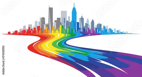 City skyline illustration with rainbow road leading towards the buildings and a white background design element