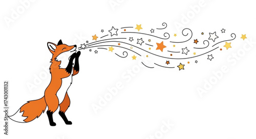 A fox standing on hind legs blowing stars and swirls of magic into the air in a whimsical illustration