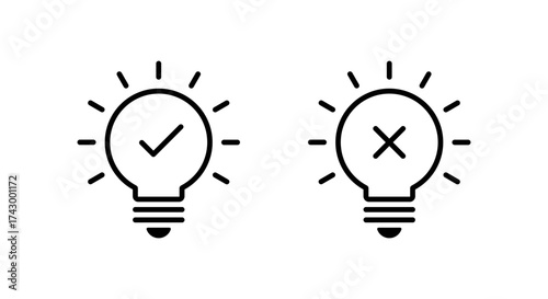 Light bulb with check mark and cross icon. Idea approval and rejection symbol