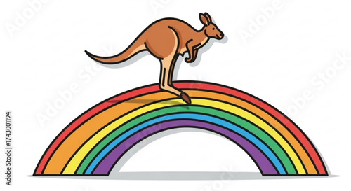 A kangaroo standing on a rainbow with red orange yellow green blue indigo and violet colors clearly visible