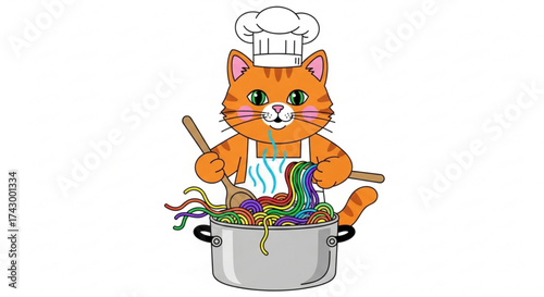 Orange tabby cat wearing a chef hat and apron cooking rainbow spaghetti in a silver pot with steam