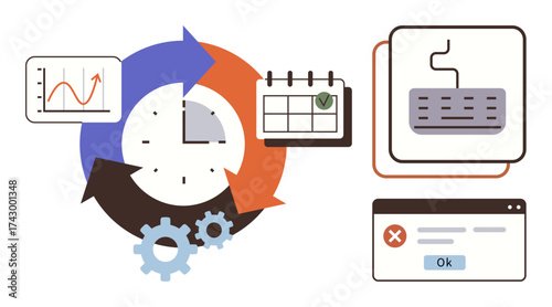 Clock with arrows, calendar, chart, gears, keyboard, and popup window. Ideal for project management, business workflow, time tracking task planning efficiency automation simple flat metaphor