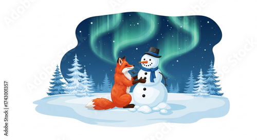 A cartoon fox building a snowman with a hat and scarf under the northern lights with pine trees around it