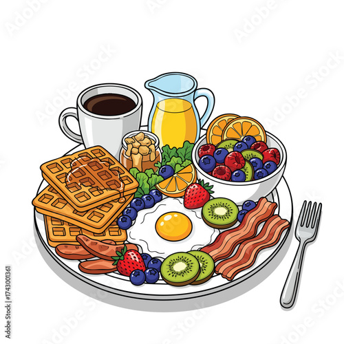 A delicious and hearty breakfast platter illustration with waffles fried egg bacon fresh fruit coffee and juice.
