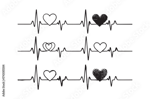 Heartbeat EKG Lines with Heart Symbols in Black and White electrocardiogram love