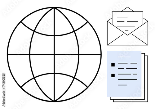 Globe represents global connectivity. Documents signify data exchange, and envelope symbolizes communication. Ideal for networking, communication, workflow, logistics, education, business digital