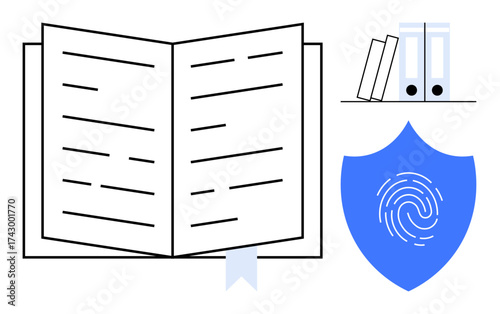 Open book with bookmark flanked by document folders and shield with fingerprint. Ideal for education, protection, data security, organization, privacy, research, legal. A simple flat metaphor