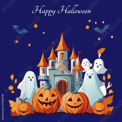 Happy Halloween Illustration | Pumpkins, Ghosts, and Haunted Castle Vector Art

A cute Halloween vector illustration featuring pumpkins, ghosts, and a haunted castle. Perfect for posters, cards, and s