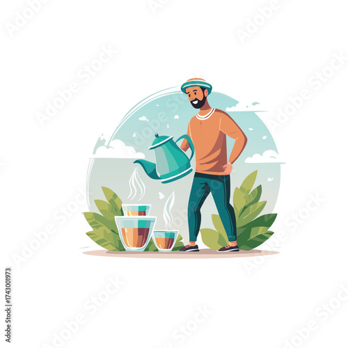Flat vector icon of Maghrebi mint tea poured from tall 