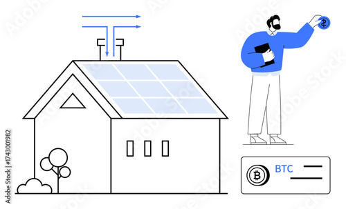 Solar-panel-roofed house harnessing clean energy, person managing cryptocurrency asset. Ideal for renewable energy, finance, innovation, sustainability, green technology, smart solutions, future