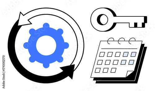 Gear with arrows signifies process or system improvement, key symbolizes access or success, and calendar depicts planning or scheduling. Ideal for workflow, productivity, strategy, planning, success