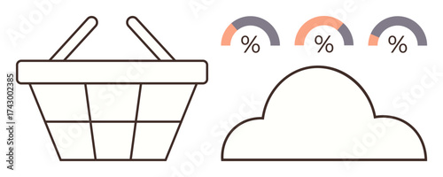 Shopping basket beside cloud outline and percentage gauges. Ideal for e-commerce, cloud storage, data analysis, online shopping, cloud computing, progress tracking, simple flat metaphor