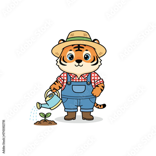 Cute Cartoon Tiger Gardening Vector Illustration