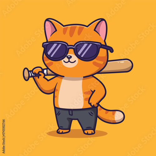 Cute Cartoon Orange Tabby Cat with Sunglasses and Baseball Bat . Vector Illustration of Cool Animal Character