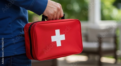 Person holding a red first aid kit for emergency care